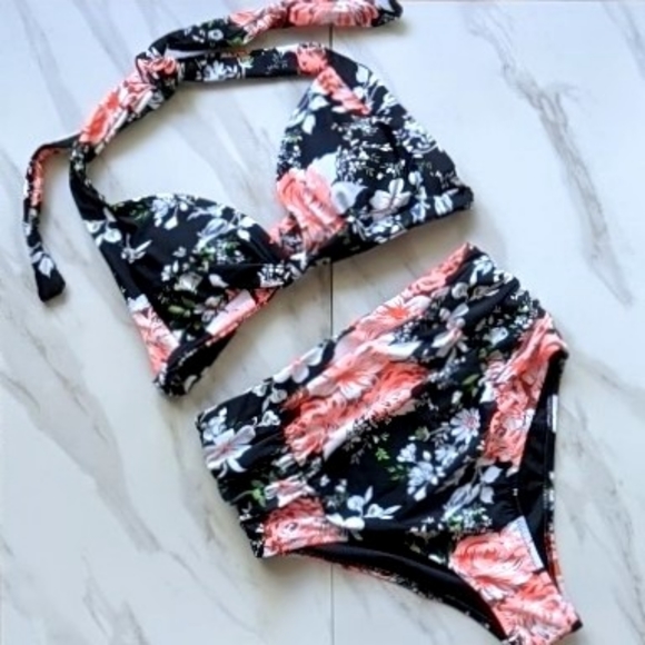 Cupshe Other - CUPSHE High Waisted Floral Black 2 Piece Bikini